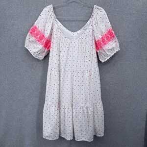 LOFT Dot Embroidered Tiered Swing Dress Women Large Peasant Boho Cottage